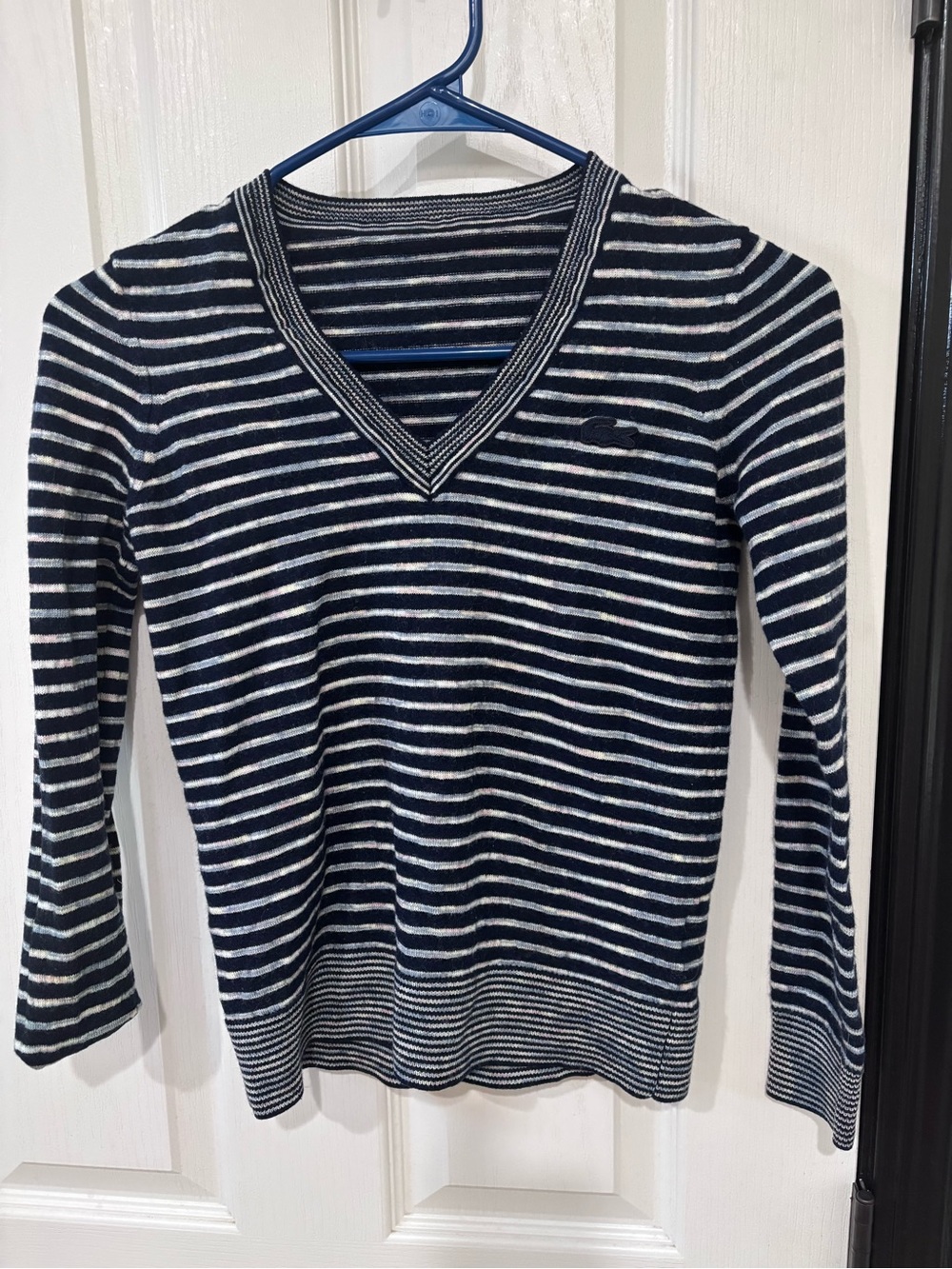 Lacoste Navy and White Striped V-Neck Sweater